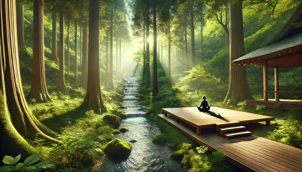 A tranquil forest meditation setting featuring a small wooden platform surrounded by towering trees and dappled sunlight. A person is meditating peacefully with a gentle stream flowing in the background, emphasizing a deep connection to nature through meditation.