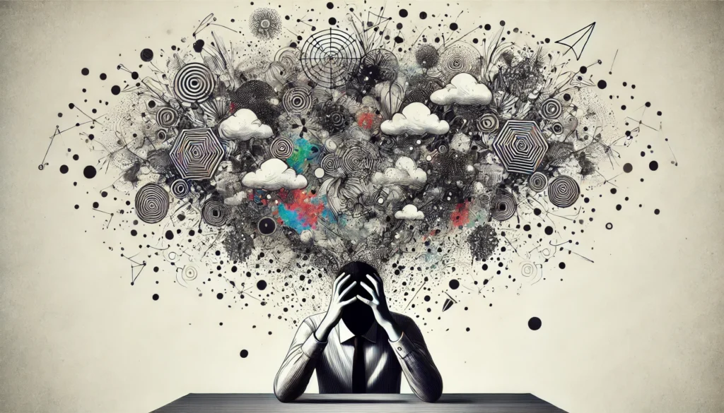 A conceptual illustration of a person surrounded by chaotic thought bubbles filled with abstract patterns, symbolizing overthinking and mental overload. The individual holds their head, visually expressing cognitive pressure and stress.