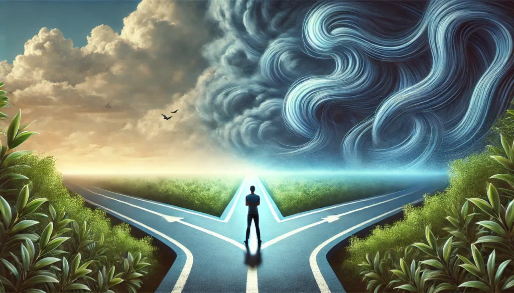 A conceptual scene illustrating the fight-or-flight response to stress, with a person standing at a crossroads. One path leads to an anxious, chaotic storm, while the other leads to a calm, meditative state, symbolizing the psychological effects of stress and decision-making.