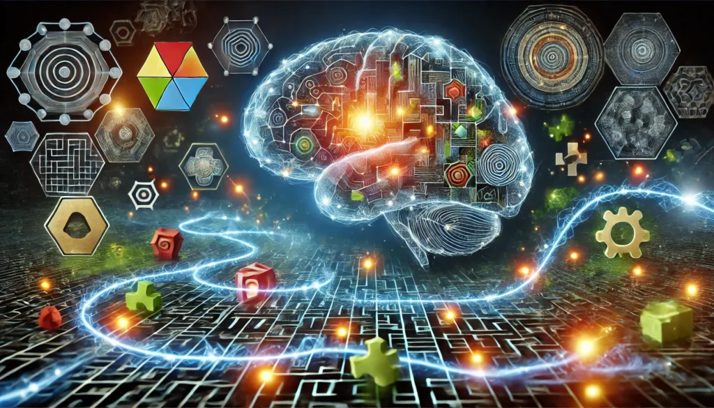 An artistic visualization of a brain interacting with game-like elements, including mazes, puzzles, and glowing pathways. The image represents the challenge and stimulation provided by brain games to improve memory and cognitive function.