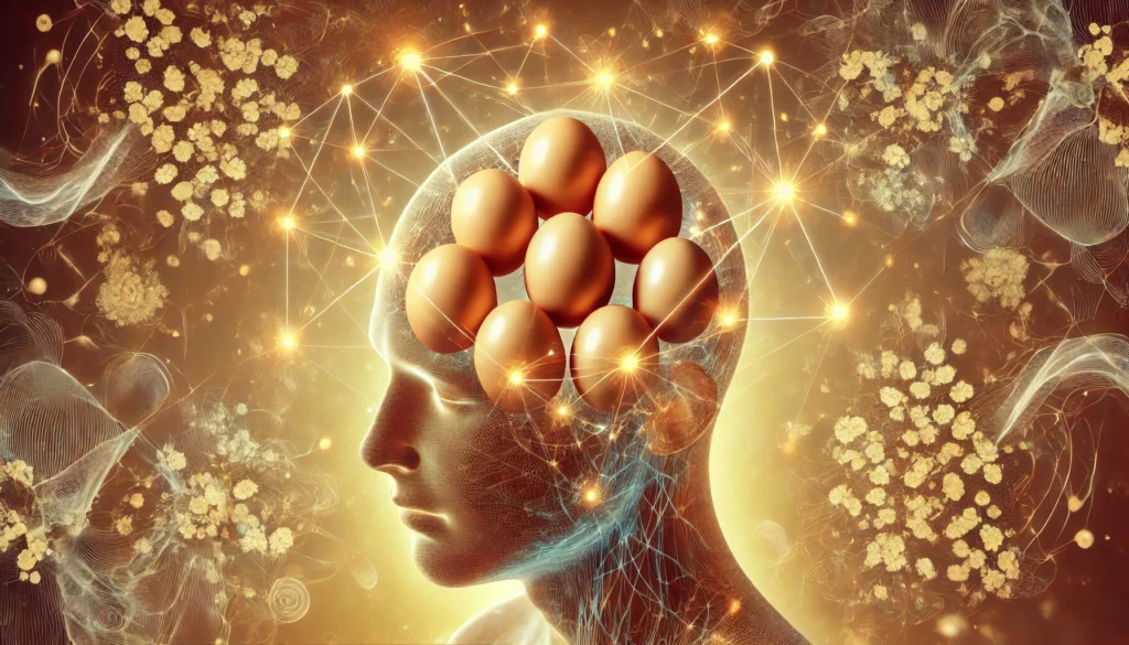 A creative surreal image showing eggs forming a neural network inside a transparent human head, connected by glowing energy lines. The warm golden-toned background represents intelligence and nourishment.