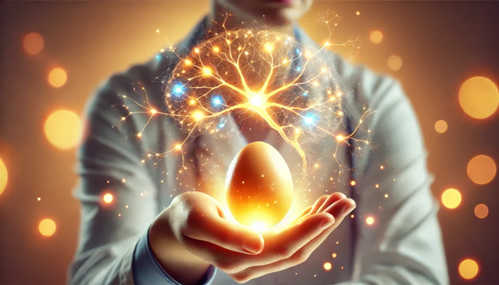 A metaphorical image of a person holding a glowing egg in their hands, with a bright neural network forming above them. The illuminated golden and blue neural connections represent enhanced brain function, set against a soft, inviting background.