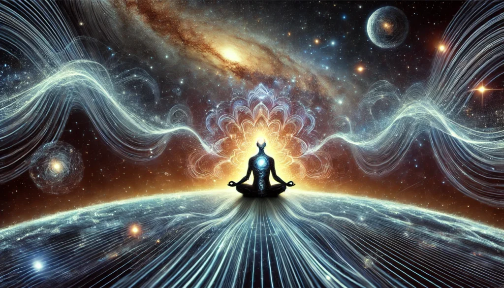 An artistic representation of a person meditating in a cosmic environment, with energy waves radiating from their mind. The vast universe in the background, filled with stars and galaxies, symbolizes mental expansion, focus, and inner growth.