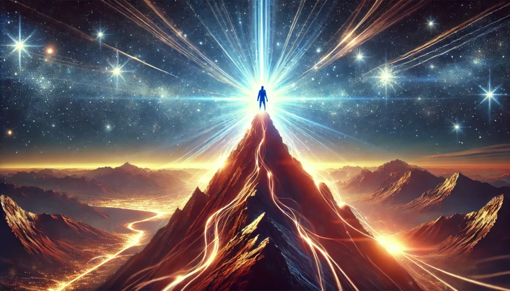 A powerful and inspiring scene of a person standing at the peak of a glowing mountain, with radiant energy beams shooting upward. The sky is illuminated with celestial lights, symbolizing achievement, mental strength, and the unlocking of limitless potential.