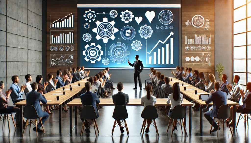 A leader giving an inspiring presentation to their team in a large meeting room, with motivational visuals on a screen and an engaged audience, symbolizing innovative leadership techniques.