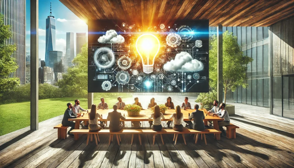 A team enjoying a creative brainstorming session in a casual outdoor setting, seated at a large picnic table surrounded by greenery and bright sunlight, symbolizing innovation and fresh perspectives.