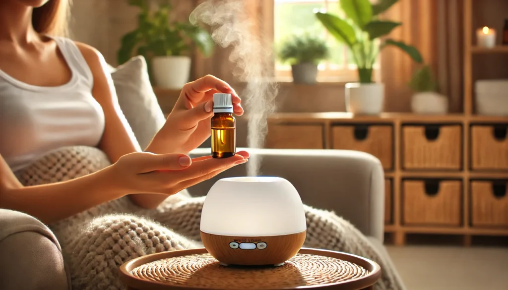 A person enjoying a relaxing aromatherapy session at home, holding a small bottle of essential oil. A diffuser in the background releases a gentle mist, creating a soothing and stress-relieving atmosphere.