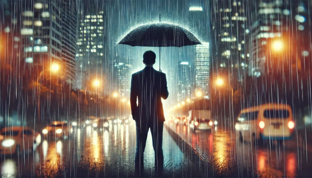 A person standing in the rain without an umbrella, appearing exhausted and overwhelmed. The rain symbolizes emotional distress, while the blurred city lights in the background create a feeling of isolation and stress.