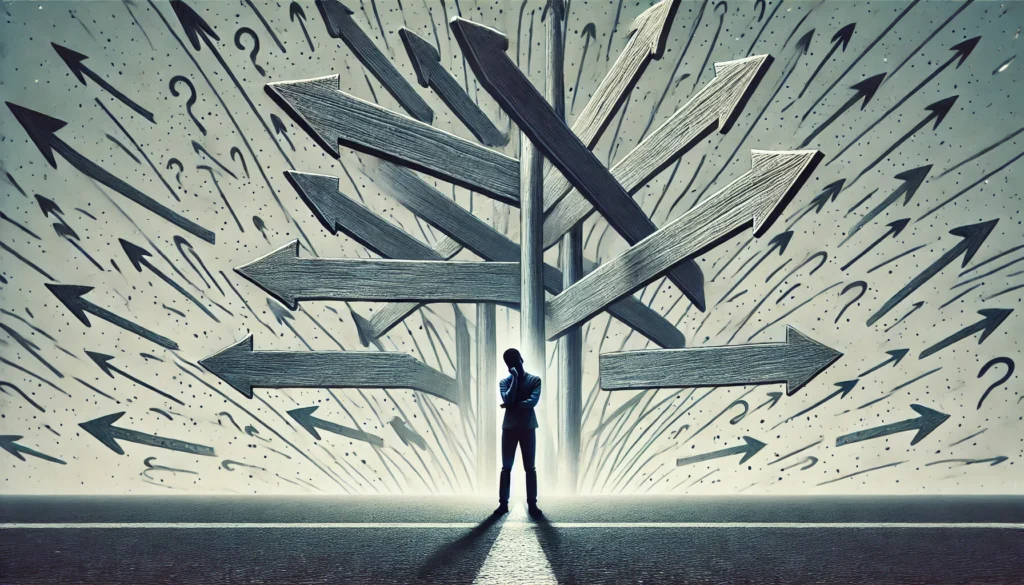 A symbolic image of a person standing at a crossroads with multiple confusing arrows pointing in different directions. The individual looks uncertain and overwhelmed, representing indecision and mental overload.