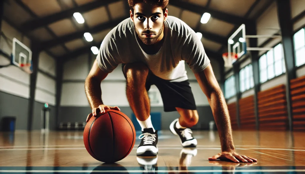 A basketball player practicing dribbling drills in an empty gym, maintaining sharp focus on ball control, with motion blur emphasizing quick hand movements and concentration.