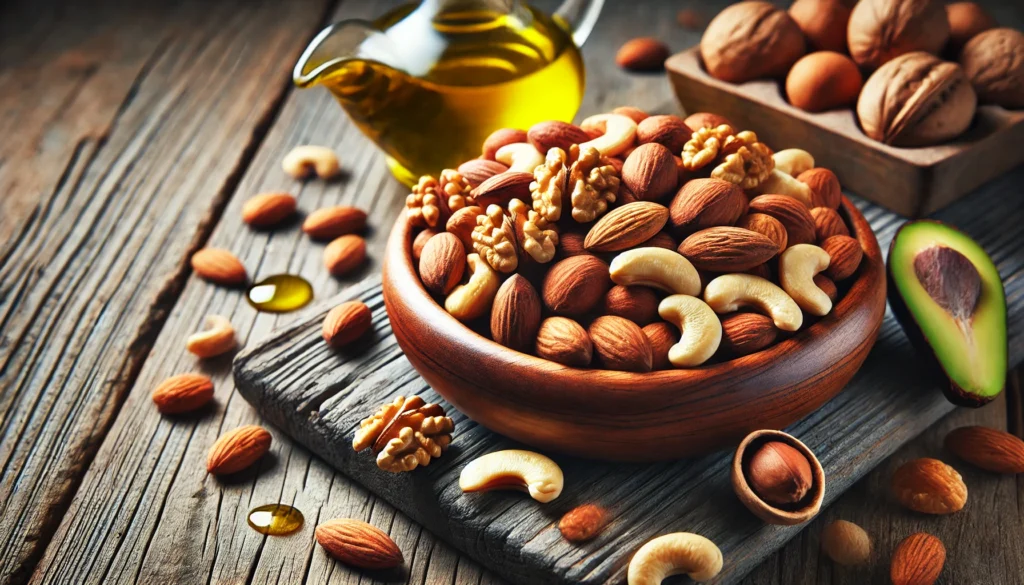 A close-up of a bowl filled with mixed nuts, including almonds, walnuts, and cashews, placed on a rustic wooden surface with a drizzle of olive oil nearby. The image highlights nutrient-dense healthy fats essential for brain health and cognitive function.