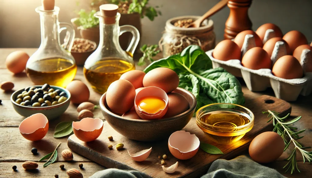 A rustic kitchen scene featuring fresh eggs cracked open in a bowl, alongside brain-boosting ingredients like olive oil, leafy greens, and nuts. The warm ambiance and natural lighting highlight the role of eggs in supporting brain health and memory enhancement.