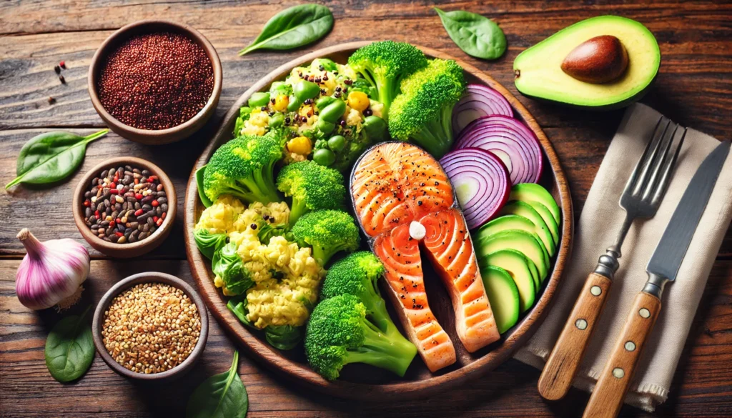 A top-down view of a wooden table with a balanced meal for brain health, including a plate of grilled salmon, quinoa, steamed broccoli, and avocado slices. The vibrant and nutritious ingredients highlight foods that support cognitive function and mental clarity.