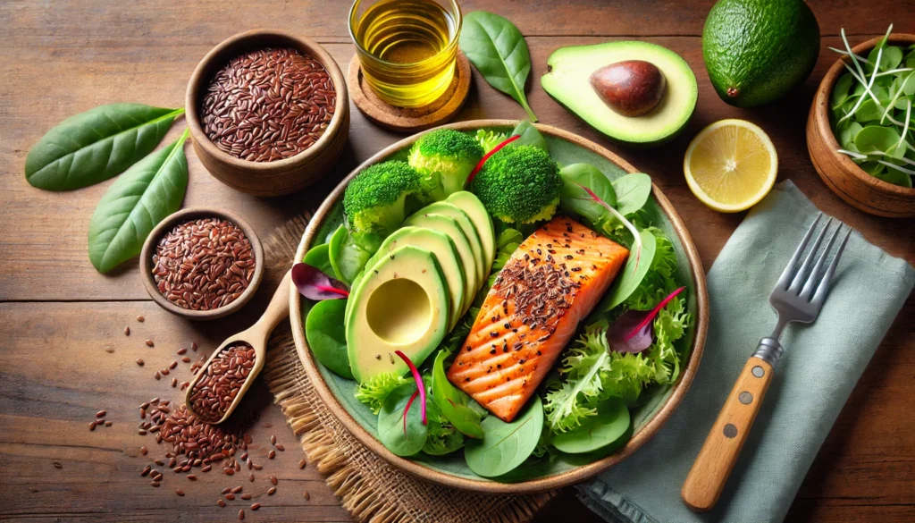 A nutritious meal setting with a plate of grilled salmon, avocado slices, and a side of leafy greens, served on a wooden table with a small bowl of flaxseeds. The vibrant and well-balanced ingredients emphasize the role of healthy fats in boosting cognitive function.