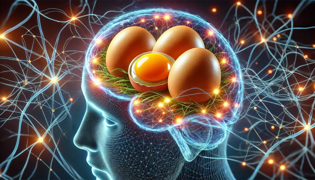 A conceptual artistic visualization of a glowing egg-shaped brain with illuminated neural pathways, symbolizing the cognitive benefits of eggs for brain function and memory retention.