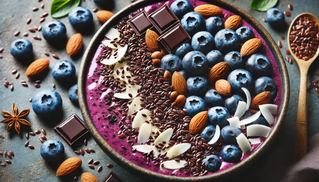 A close-up of a smoothie bowl packed with brain-boosting ingredients such as blueberries, almonds, flaxseeds, dark chocolate shavings, and coconut flakes. The rich and colorful composition represents nutrition for mental performance and focus.