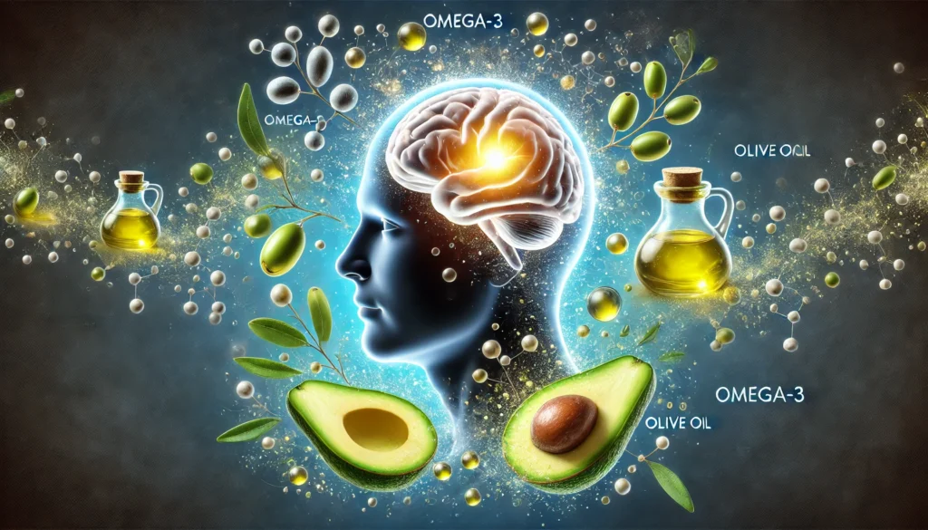 A conceptual artistic visualization of a glowing human brain surrounded by floating molecules of omega-3, olive oil droplets, and avocado slices. The image represents the connection between healthy fats and improved cognitive function.