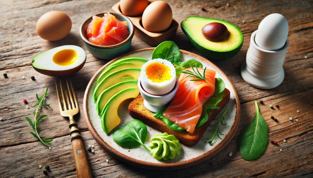 A nutritious meal scene featuring a plate with a soft-boiled egg, whole-grain toast, smoked salmon, and avocado, served on a rustic wooden table. The fresh and balanced ingredients highlight eggs as a key food for brain health and memory improvement.