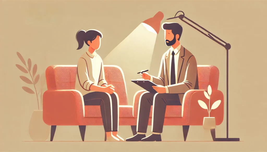 A therapy session showing a person sitting comfortably on a couch while speaking with a professional therapist. The therapist listens attentively, creating a warm and reassuring environment, highlighting cognitive behavioral therapy for anxiety.