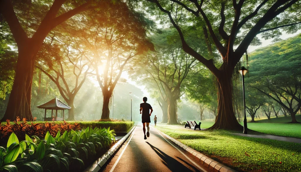 A person jogging through a scenic park surrounded by lush greenery and morning sunlight. The fresh air and movement emphasize physical exercise as a beneficial strategy for reducing anxiety symptoms.