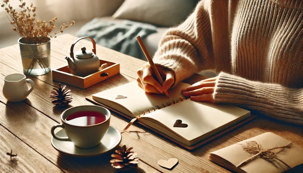 A person writing in a gratitude journal at a cozy wooden desk, with a warm cup of tea beside them. The soft lighting and calm environment highlight journaling as a self-care technique for managing anxiety.