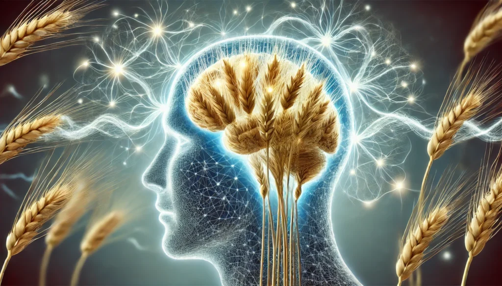 An artistic interpretation featuring a transparent human head with a glowing brain partially morphing into wheat grains, with neural pathways extending outward to represent the biochemical connection between gluten and brain function.