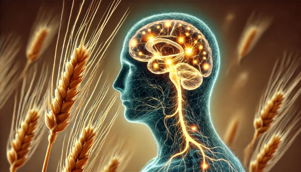 An artistic representation of the connection between celiac disease and neurological disorders. A transparent human figure with glowing neural pathways is shown, where wheat grains disrupt nerve connections. Warm golden tones near the digestive system transition to cool blue hues in the brain, indicating gluten's impact.