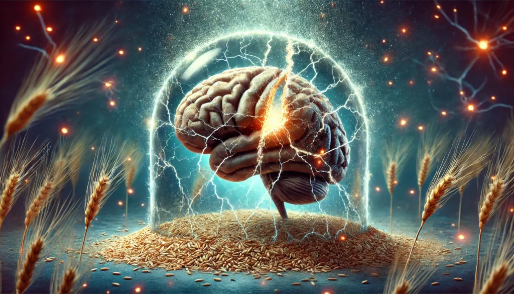 A metaphorical digital painting showing a brain encased in a fragile glass shell with cracks forming due to tiny wheat particles entering. Neural sparks flicker in a dimly lit environment, symbolizing inflammation and disrupted nervous system signals.