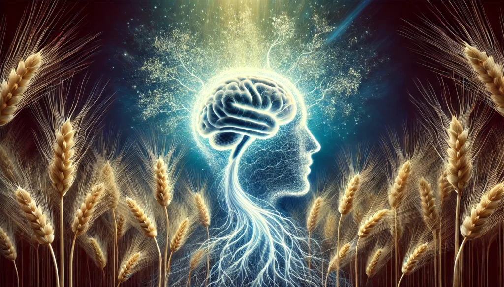 A surreal visualization of gluten sensitivity’s neurological effects, with a glowing brain intertwined with wheat roots, representing the entanglement of celiac disease and nervous system complications. The artwork blends light and shadow to convey both the hidden and visible impacts of gluten on brain function.