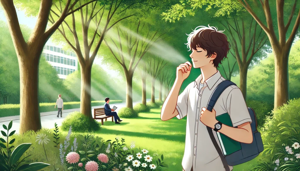 A student taking a break from studying, enjoying a peaceful walk in a green park. Trees and flowers surround the path, and sunlight filters through the leaves. The student looks relaxed, breathing deeply, and appreciating nature as a stress relief strategy.