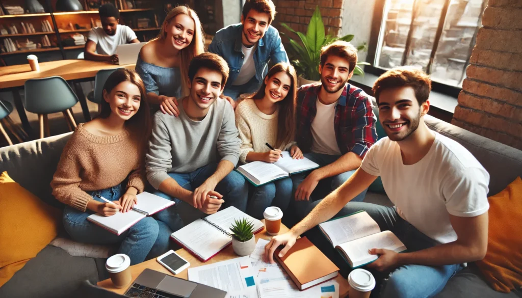 A group of students sitting together in a cozy study lounge, helping each other with assignments. They are smiling and collaborating, surrounded by notebooks, laptops, and coffee cups. The atmosphere is supportive and encouraging, promoting stress-free learning.