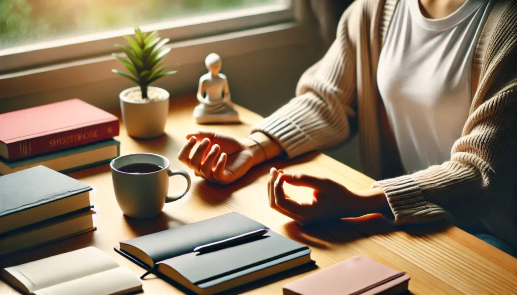 A student practicing deep breathing exercises at a study desk, taking a mindful pause. The desk is neatly arranged with books, a planner, and a cup of tea. Soft natural lighting and a small plant create a calm and focused atmosphere.