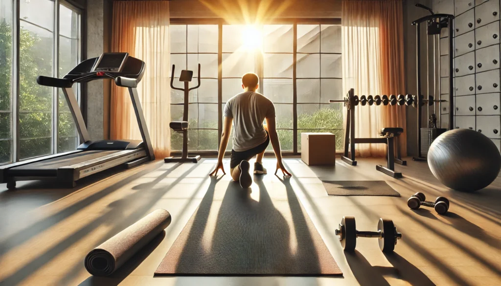 A person doing a morning workout in a bright home gym, using a yoga mat and surrounded by fitness equipment, with sunlight streaming through large windows, symbolizing physical activity as a key habit for productivity.