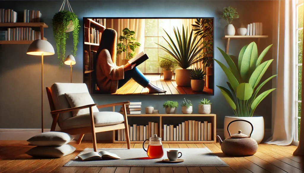 A person reading a book while relaxing on a comfortable chair in a well-lit living room, surrounded by plants and a cup of tea, symbolizing daily learning and self-care as essential habits for a productive life.