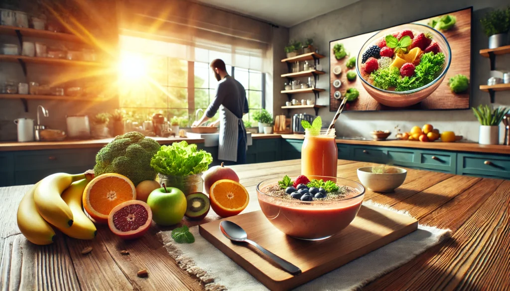 A person preparing a healthy breakfast in a modern kitchen, featuring a smoothie bowl, fresh fruits, and sunlight streaming through a window, symbolizing the importance of nutrition as a daily habit for productivity.