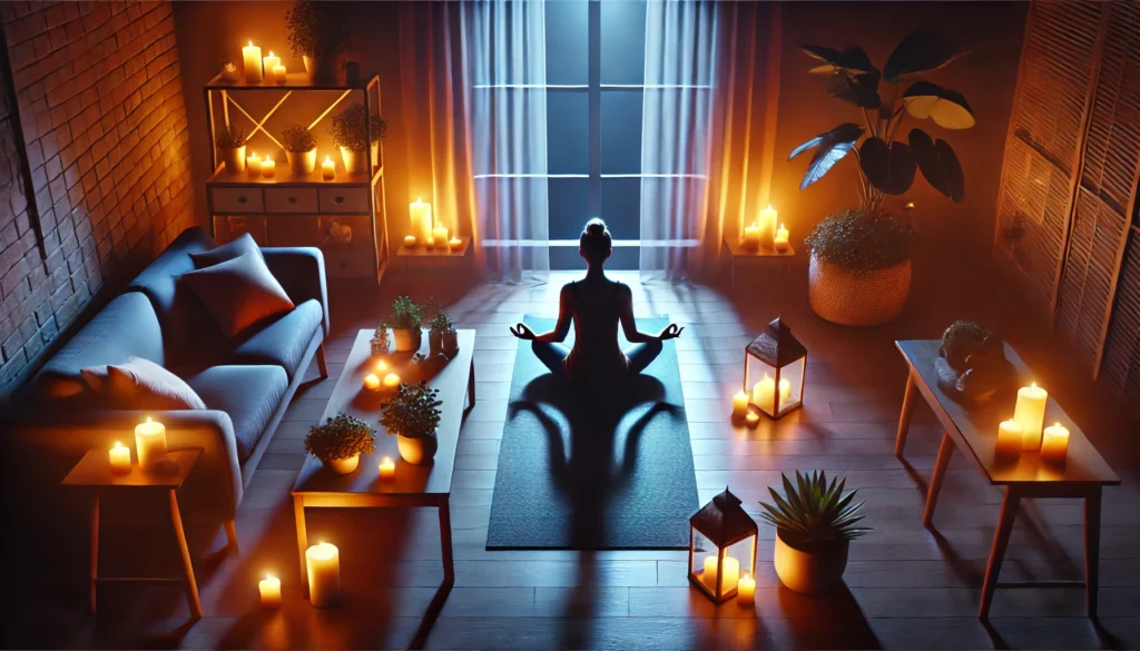 A person winding down in the evening with a calming meditation session on a yoga mat in a dimly lit room, surrounded by candles and plants, symbolizing relaxation and mindfulness as essential daily habits for productivity.