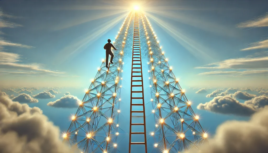 A symbolic depiction of a person climbing a tall ladder made of glowing, interconnected steps, set against a soft blue sky. Each step represents a small habit, culminating in a bright light at the top symbolizing success and achievement.