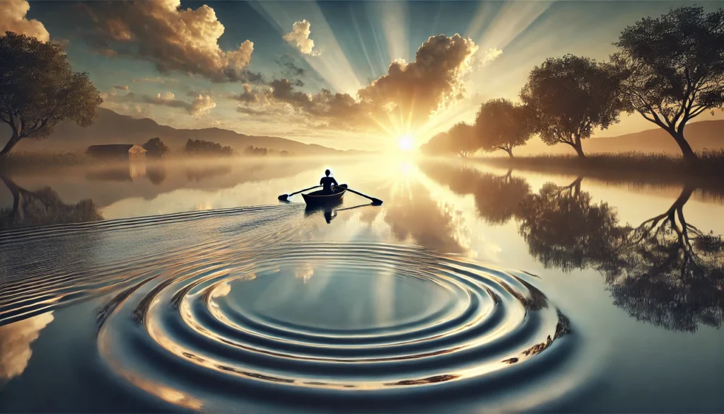 A tranquil lakeside scene featuring a person rowing a boat across calm waters at sunrise, creating ripples behind. This symbolizes steady and deliberate effort in cultivating good habits for a successful journey.