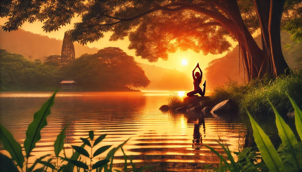 A tranquil lake reflecting the hues of a sunset, where a woman practices yoga in a peaceful pose, emphasizing relaxation, balance, and stress reduction.