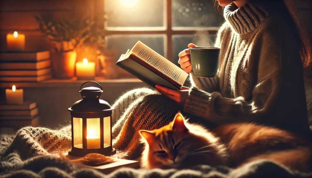 A cozy indoor setting featuring a person reading a book under a soft blanket, sipping tea, with a sleeping cat nearby, creating a warm and stress-free ambiance.