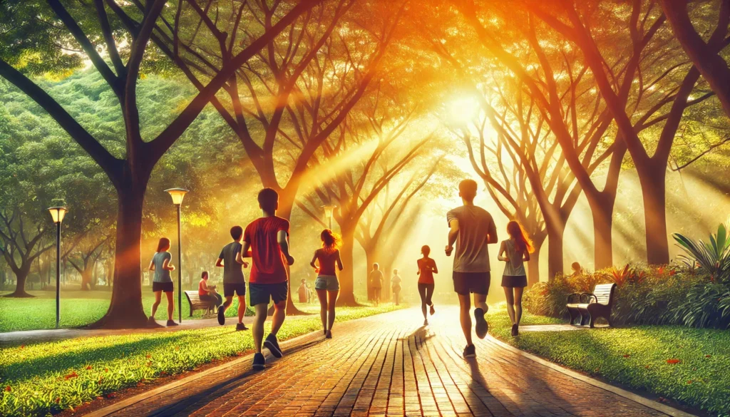 A lively park scene where friends are jogging on a sunlit path, promoting outdoor exercise as a way to relieve stress and boost mental well-being.