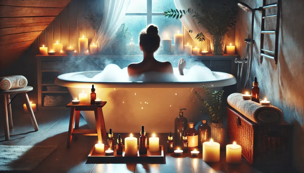 A relaxing bath scene with a person soaking in a warm bubble bath, surrounded by candles and essential oils. Soft lighting and gentle steam create a calming environment, enhancing relaxation and reducing stress.