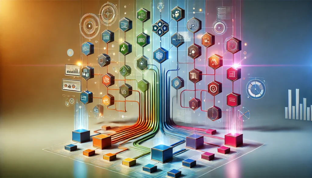 A modern depiction of work prioritization with interconnected tasks arranged hierarchically in colorful blocks or circles. High-priority tasks are highlighted with vibrant tones, while lower-priority tasks use muted colors. The clean, futuristic design features smooth gradients and abstract shapes on a sleek background, emphasizing organization and focus.