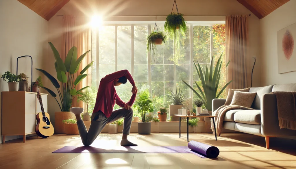 A person practicing gentle stretching exercises in a bright and airy living room. The scene includes yoga mats, houseplants, and sunlight streaming through large windows, symbolizing the benefits of light physical activity in recovery.