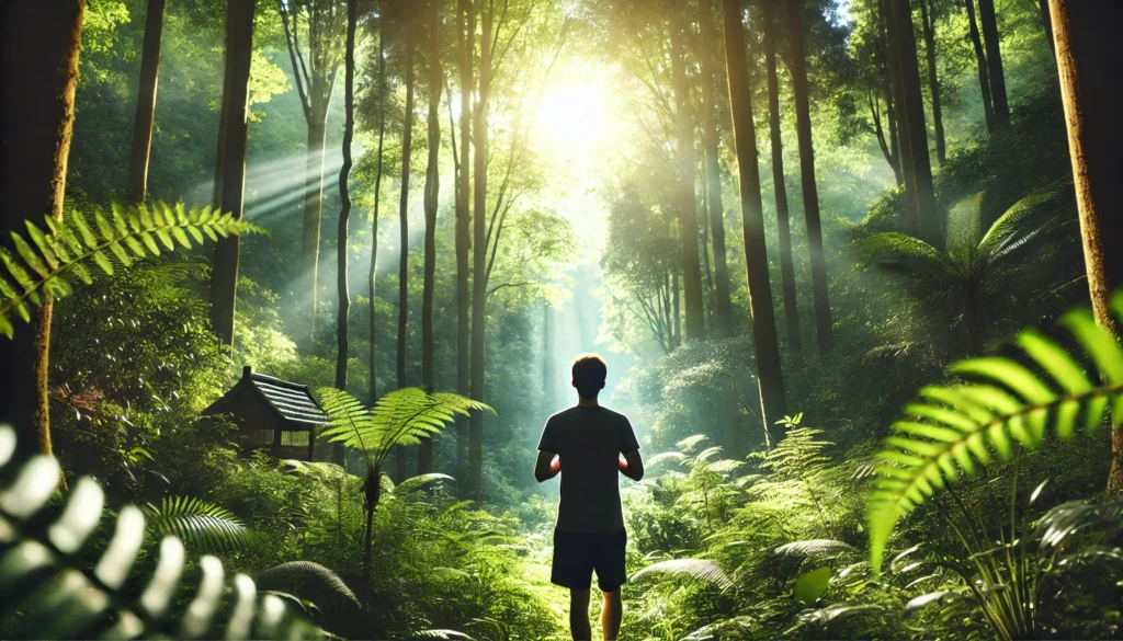 A person enjoying a calming nature walk in a lush green forest. Sunlight filters through the trees as the individual takes deep breaths, surrounded by fresh air and natural beauty, emphasizing the role of outdoor activities in recovery.