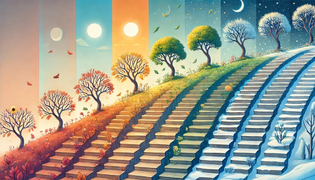 A staircase ascending through different seasons, transitioning from spring to summer, autumn, and winter. Each step symbolizes progress and consistency, representing the time and effort required to form lasting habits.