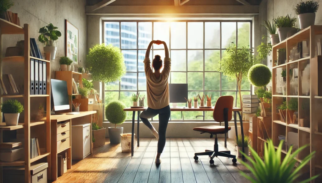 A peaceful office setting with a person stretching at their desk, taking a mindful movement break. The workspace is organized with plants and natural lighting, promoting relaxation and stress reduction.