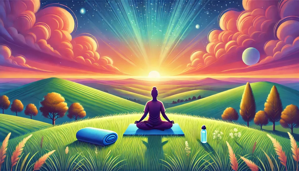 A scenic nature setting with an individual sitting on a grassy hill facing a vibrant sunset over rolling hills, accompanied by a meditation cushion and water bottle, symbolizing relaxation and mindfulness techniques for brain health.