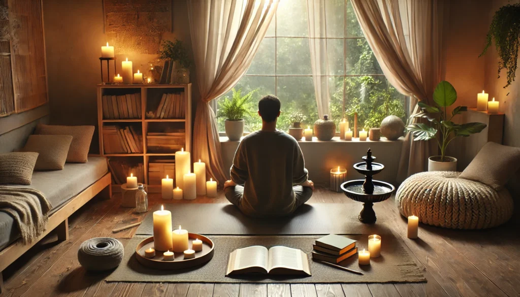 A tranquil indoor setting with a person seated on a yoga mat, surrounded by candles, a small fountain, and an open book, with soft light filtering through sheer curtains, creating a calming atmosphere for mindfulness and brain health.