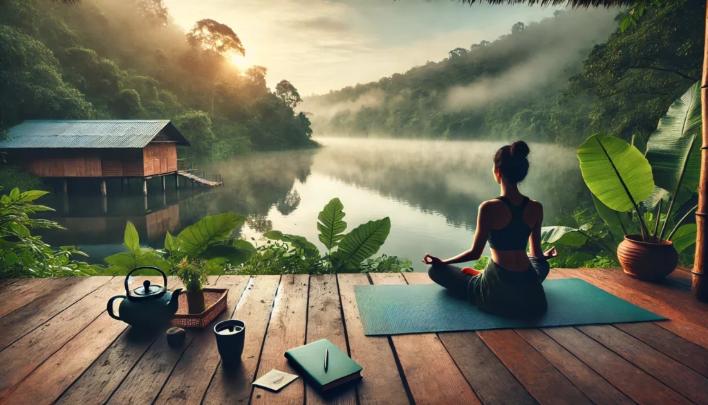 A peaceful outdoor yoga scene on a wooden deck overlooking a calm lake, surrounded by lush greenery and soft morning mist, with a cup of herbal tea and a journal nearby, emphasizing mindfulness and mental clarity.